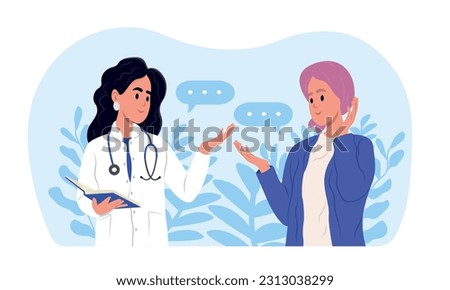 A young smiling female doctor is talking to a woman with cancer in a scarf. International Cancer Survivors Day. The woman is recovering from chemotherapy, a survivor.