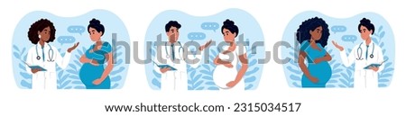 Healthy pregnancy banner. Male and female doctors talking to pregnant women. Gynecologist and obstetrician consultation.Doctors and pregnant women of different races and ages.