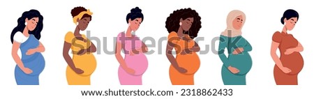 Set of different pregnant women. African American, Muslim, Indian, African, Chinese, Asian. Young beautiful multiethnic pregnant women of different nationalities. Diversity, multi-ethnic society.