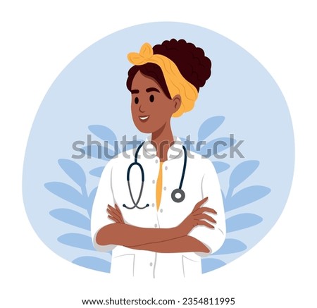 National Doctors' Day. African American woman doctor portrait. Smiling therapist, general practitioner with crossed arms. Doctor with a stethoscope. Doctor in medical uniform.