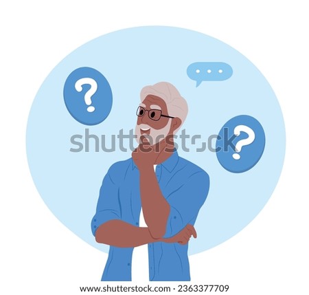 Elderly black man makes a choice, thinks, analyzing two options. Make choice, decision concept. Doubting, deciding, setting priorities. Flat vector illustration