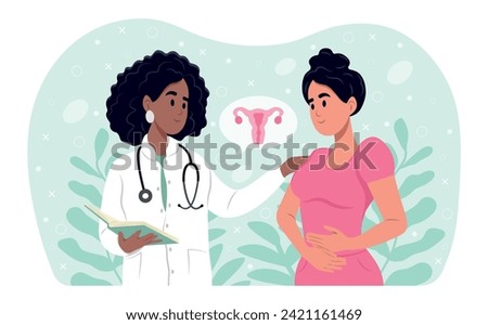 Painful female periods concept. A black family doctor talks to a patient with uterine endometriosis. A woman is standing and suffering from menstrual abdominal pain. Endometriosis Awareness Month.