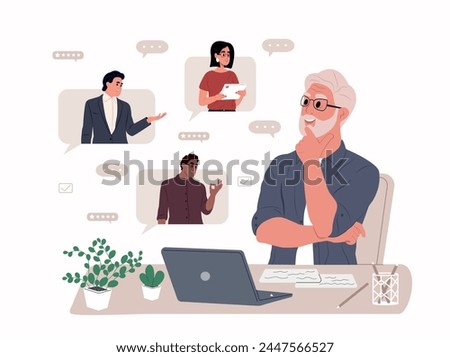 Business online meeting. A set of scenes with office workers discussing a project on a remote video. Online remote video conference call. Virtual remote work of people, teams of colleagues.