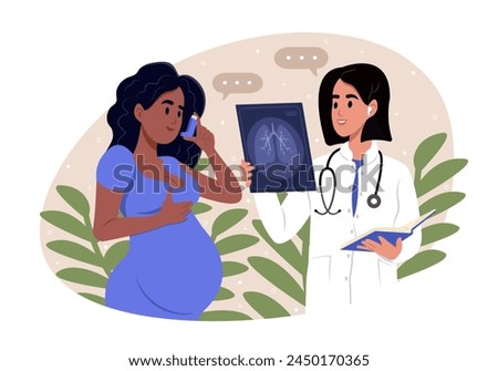 World Asthma Day. Pulmonary diseases. Allergy, asthmatic. A smiling doctor is holding an x-ray of a pregnant woman's lungs in his hand.