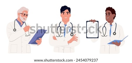 Doctors holding clipboard, examination notes, medical documents, test results, prescription papers, in hands, talking. Vector flat illustration isolated on white.