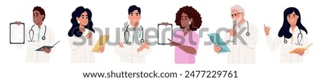 Set of diverse doctors characters. Illustrations in cartoon style.