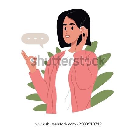 Joyful woman uses a hearing aid and experiencing sound. Person who has lost her hearing uses sign language. Vector illustration.