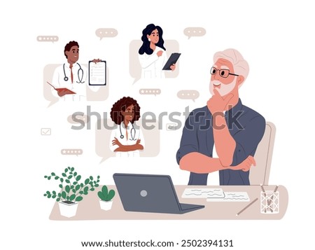 Elderly patient having online consultations with medical specialists. Online medical services. Medical insurance, hospital services, sick leave certificate treatment diagnosis patients.