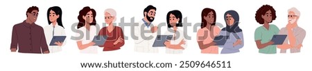 Set of diverse doctors characters. Doctors and patients of different races and ages. Doctors talk to patients using tablet in consultation. Vector illustration in a simple style