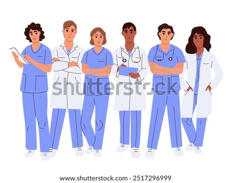 Team of doctors, group medical portrait. Set of diverse doctors characters. Male and female medical workers - doctors, physicians, paramedics, nurses isolated on white background.