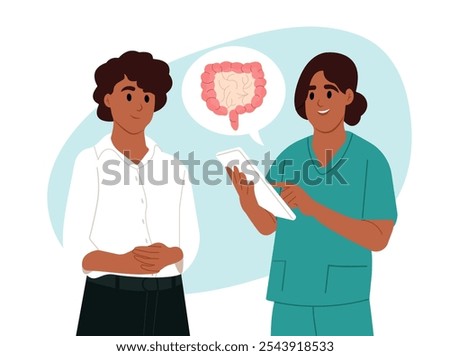 Irritable Bowel Syndrome (IBS) Awareness Month. Doctor talks to a patient about bowel disease. A doctor who studies intestinal diseases. Vector flat illustration.