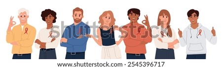 World AIDS Day and National HIV Awareness Month. Group portrait of men and women with red awareness ribbons. Vector illustration in flat style