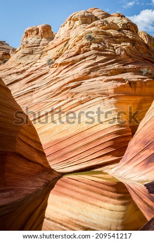 Reflections at The Wave, Arizona, amazing canyon rock formation near page. Vermillion Cliffs, Paria Canyon State Park, wilderness. Vertical - portrait view