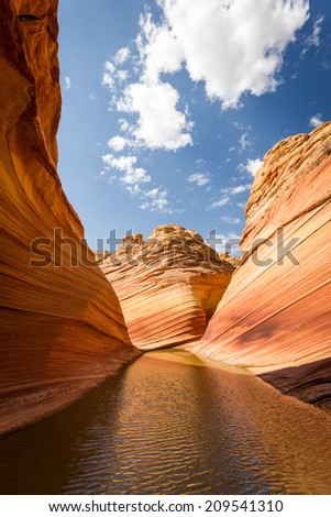 Reflections at The Wave, Arizona, amazing canyon rock formation near page. Vermillion Cliffs, Paria Canyon State Park, wilderness. Vertical View, portrait