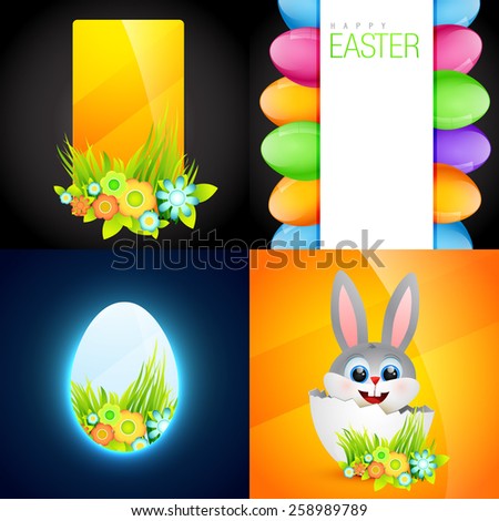 vector set of easter background with cartoon bunny, colorful egg and flower