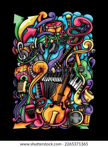 Music cartoon vector doodle designs set. Colorful detailed compositions with lot of musical objects and symbols. Print on demand T-Shirt design, Isolated on Black illustrations
