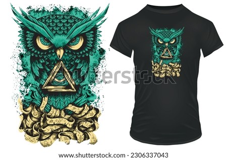 Angry illuminati owl with symbols and all seeing eye. Vector illustration for tshirt, hoodie, website, print, application, logo, clip art, poster and print on demand merchandise.