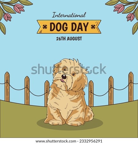 Happy International Dog Day, 26th August. Greeting card vector design. Cute Yorkshire, Maltese or Australian Silky terrier dog in vintage cartoon style. Vector illustration.