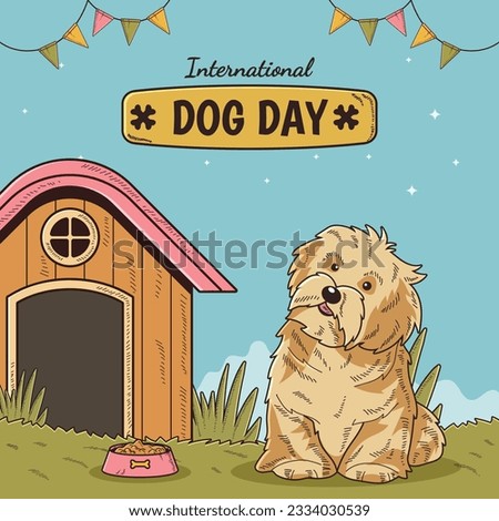 Happy International Dog Day, 26th August. Greeting card vector design. Cute Yorkshire, Maltese or Australian Silky terrier dog in vintage cartoon style. Vector illustration.
