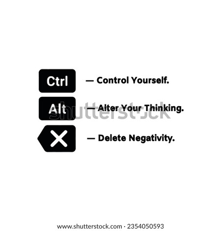 CTRL ALT Delete. Control yourself, Alter your thinking, Delete negativity. Motivational quote. Vector illustration for tshirt, website, print, clip art, poster and print on demand merchandise.