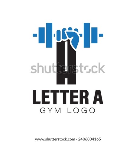 Letter A Gym logo design template with a fist and dumbbell. Alphabet A fitness center logo with hand lifting barbell. Isolated on white background. Vector illustration
