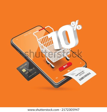 The 10% off text in the shopping cart is displayed on the smartphone screen after inserting a credit card for payment, vector 3d isolated on orange background for online shopping promotion design