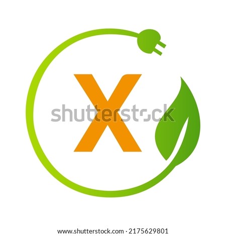 Letter X Green Energy Electrical Plug Logo Template. Electrical Plug Sign Concept with Eco Green Leaf Vector Sign