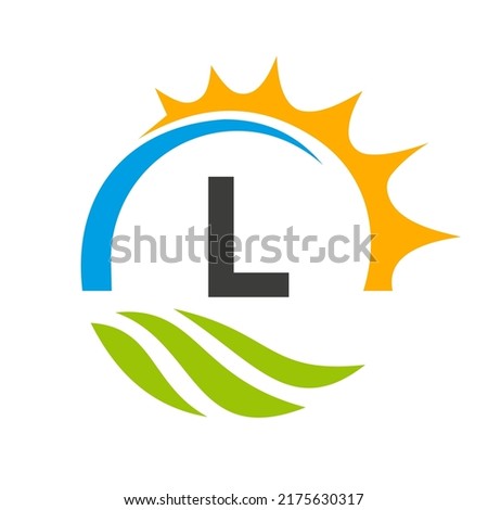 Letter L Agriculture Logo Vector Template. Agriculture Logo Concept with Green Field and Bright Sun Element Foto stock © 