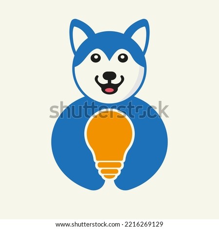 Husky Bulb Logo Negative Space Concept Vector Template. Husky Holding Bulb Symbol