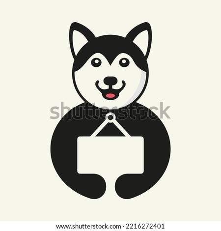 Husky Notice Board Logo Negative Space Concept Vector Template. Husky Holding Notice Board Symbol