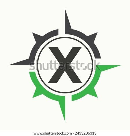 Compass Logo On Letter X Alphabet. Navigator Symbol