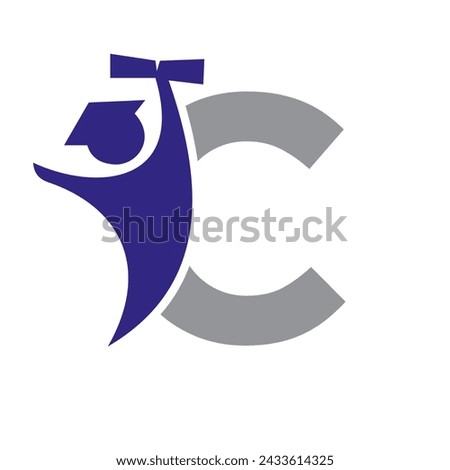 Letter C Education Logo Design. Graduation Symbol With Human Holding Graduation Paper Icon