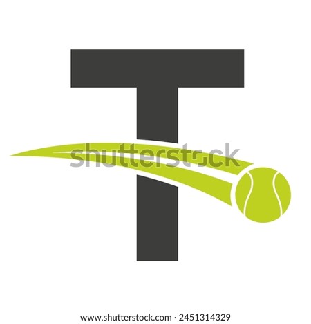 Tennis Logo On Letter T Concept With Moving Tennis Ball Symbol. Tennis Sign