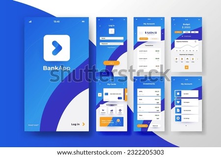 Mobile banking app smartphone interface vector templates set. Financial services online web page design layout. Pack of UI, UX, GUI screens for application. Phone display.