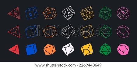 Set of dnd dice for rpg tabletop games. Collection of polyhedral dices with different sides and colors. D4, d6, d8, d10. Modern vector illustration