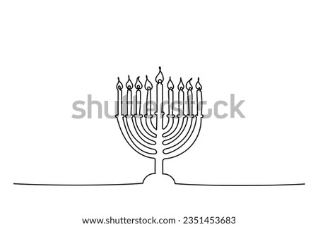 Hanukkah menorah one continuous line banner template. Jewish traditional candle holder with lights. Minimal Chanukah background with copy space. Vector illustration isolated on white