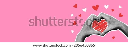 Halftone hands making heart shape banner. Modern grunge collage and cut out elements. Valentines day, love, help, donate, support concept. Vector illustration isolated on pink backdrop