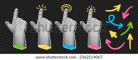 Collage element with pointing hands and doodle arrows. Fingers touch, click or tap. Cut out shapes, hand gesture for grunge trendy design. Modern retro vector illustration, objects are isolated