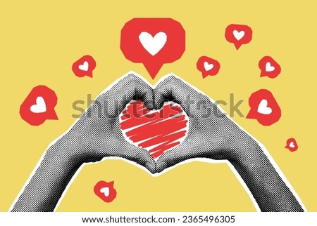 Social media like icons with halftone hands making heart shape collage banner. Modern grunge elements cut out from magazine. Popularity, feedback, influence. Vector illustration