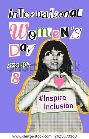 Inspire inclusion for International Women's day. IWD 2024 campaign. Modern art collage vertical banner with halftone women making heart gesture and cut out text. Vector illustration