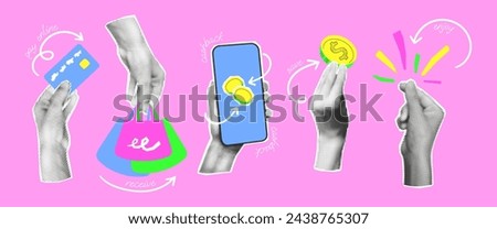 Online shopping collage elements set. Halftone hands holding shopping bags, credit card, money. Concept of online payment, saving money, cashback. Modern retro y2k vector illustration