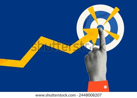 Achieve goal concept art collage. Rising arrow chart and halftone hand pointing to center of dartboard. Business goal, achieve targets, success. Trendy modern retro vector illustration