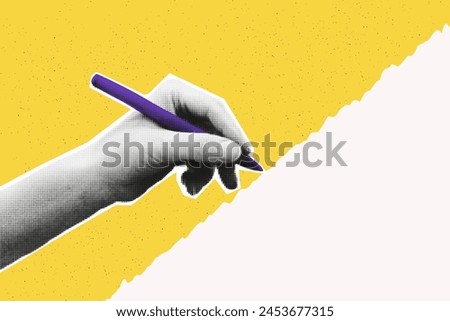 Halftone hand holding pen or stylus and writing on torn paper piece art collage banner template with copy space for text. Cut out shapes, hand gesture. Grunge modern retro vector illustration