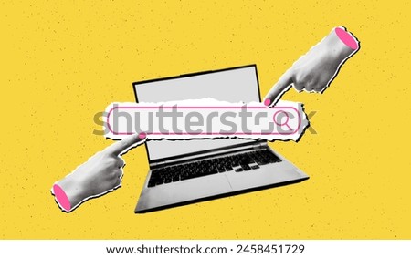 Trendy pop art collage search concept. Halftone laptop computer with search bar and cut out hands pointing on it. Modern retro textured vector illustration for mixed media design