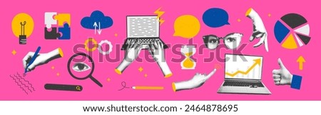 Trendy halftone collage business elements set. Hands working on laptop, signs the contract, rising arrow chart, technology, start up, idea, team work concept. Modern retro vector illustration