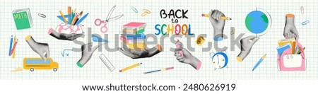 Trendy back to school collage elements set. Halftone hands holding school supplies and stationery. Backpack and pencil case, stack of books, writing tools, yellow bus. Modern retro vector illustration