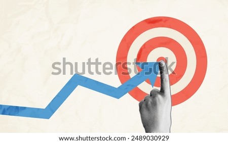 Achieve goal concept art collage. Rising arrow chart halftone hand pointing to center of dartboard. Business goal, achieve targets, success. Vector illustration on crumpled paper texture background