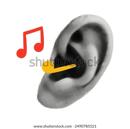 Trendy collage element. Halftone ear with doodle music notes. Listening music, song, sound, tune. Modern retro grunge vector illustration on transparent background