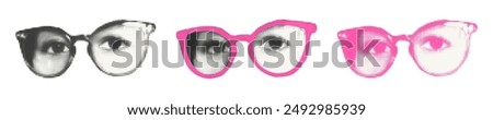 Female eyes wearing eyeglasses halftone collage elements. Monochrome and pink colored cut out from magazine stickers. Confident businesswoman, smart student. Grunge modern retro vector illustration