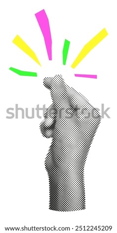 Halftone hand making finger snap gesture with colorful cut out lines radiating outward paper sticker, symbolizing emphasis, idea, it's easy. Modern retro vector illustration on transparent background